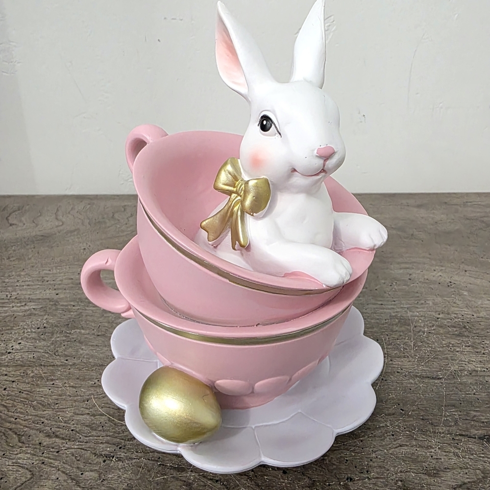 Easter Bunny in the cups with gold bow and gold Easter egg Easter decor 2026